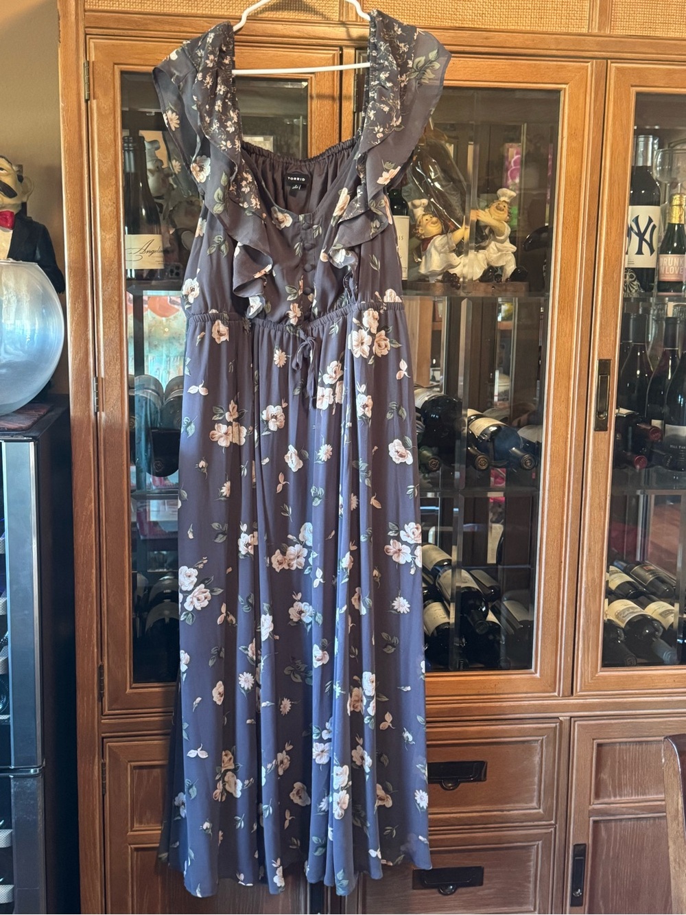 Torrid Floral Ruffled Maxi Dress in Charcoal with Cream Blooms